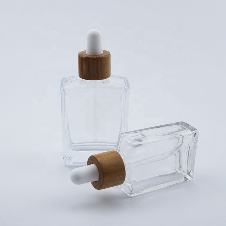 30ml 50ml 100ml square rectangle clear glass oil bottles with wooden bamboo lid cap dropper
