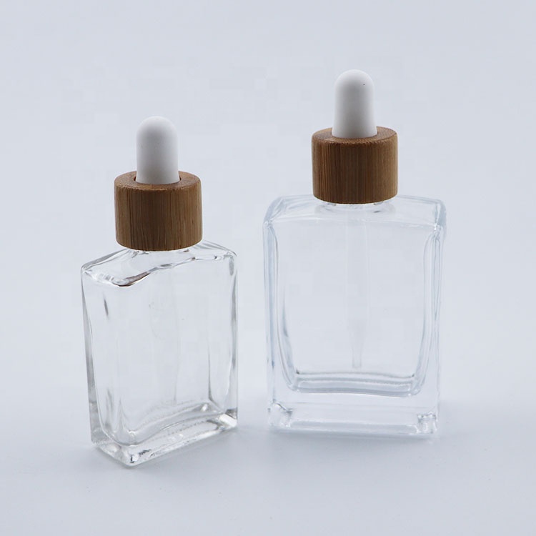 30ml 50ml 100ml square rectangle clear glass oil bottles with wooden bamboo lid cap dropper