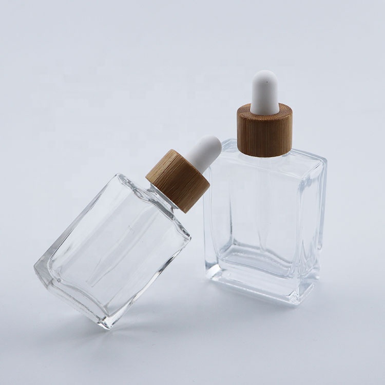 30ml 50ml 100ml square rectangle clear glass oil bottles with wooden bamboo lid cap dropper