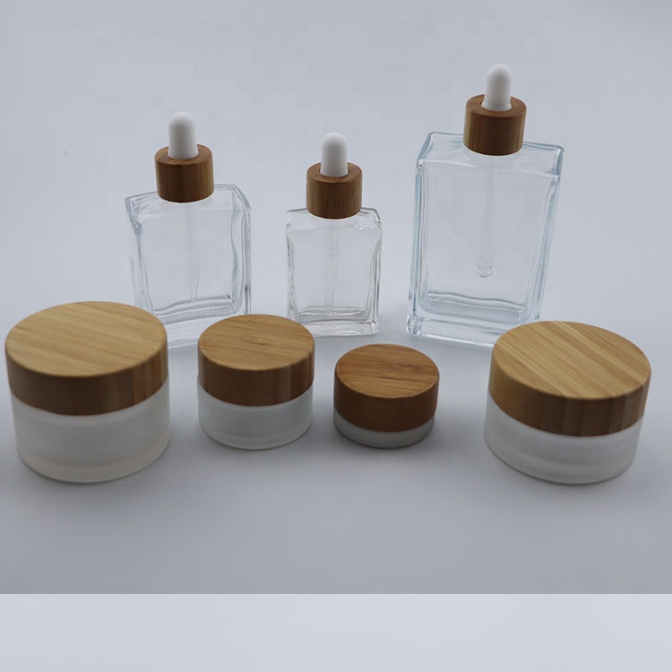 30ml 50ml 100ml square rectangle clear glass oil bottles with wooden bamboo lid cap dropper