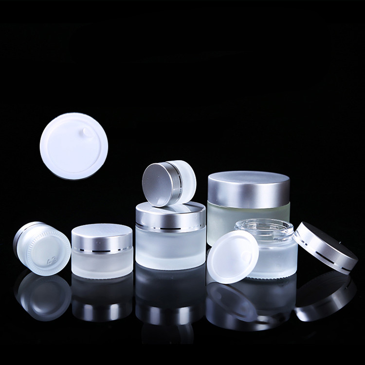 30ml 50ml 100ml white frosted glass cosmetic Jar 30g 50g 100g cream container with silver lid