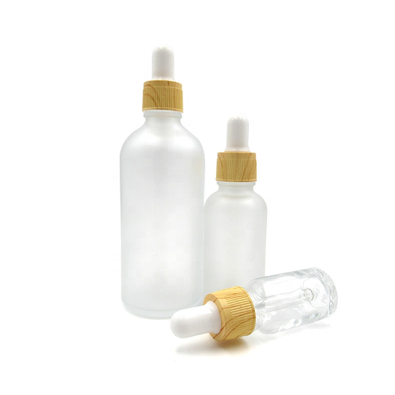 30ml 50ml 100ml wooden bamboo cap frosted glass dropper essential oil bottle for Cosmetic packaging