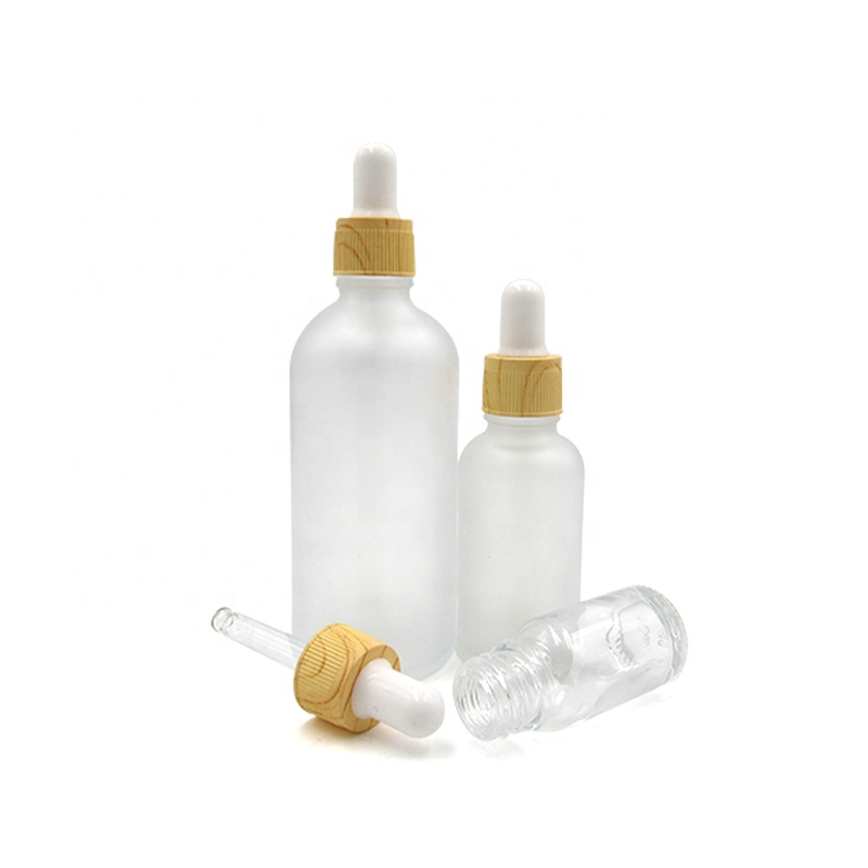 30ml 50ml 100ml wooden bamboo cap frosted glass dropper essential oil bottle for Cosmetic packaging
