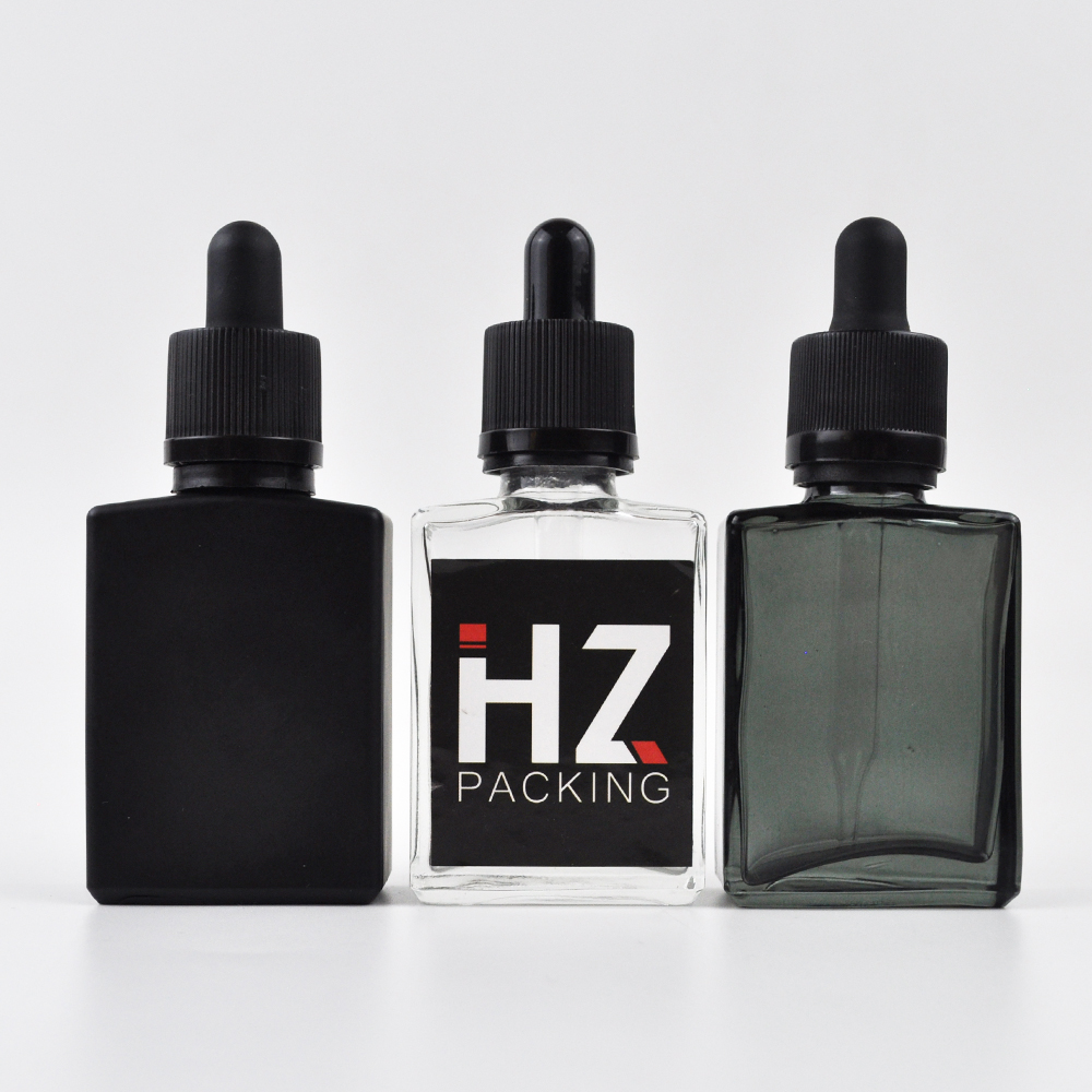 30ml 50ml 60ml 100ml black frosted amber grey rectangular perfume square dropper glass bottle essential oil with bamboo cap