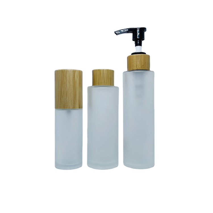 30ml 50ml 60ml 80ml 100ml 120ml Cylinder Shape Glass Clear Frosted Bamboo Lotion Pump Bottle
