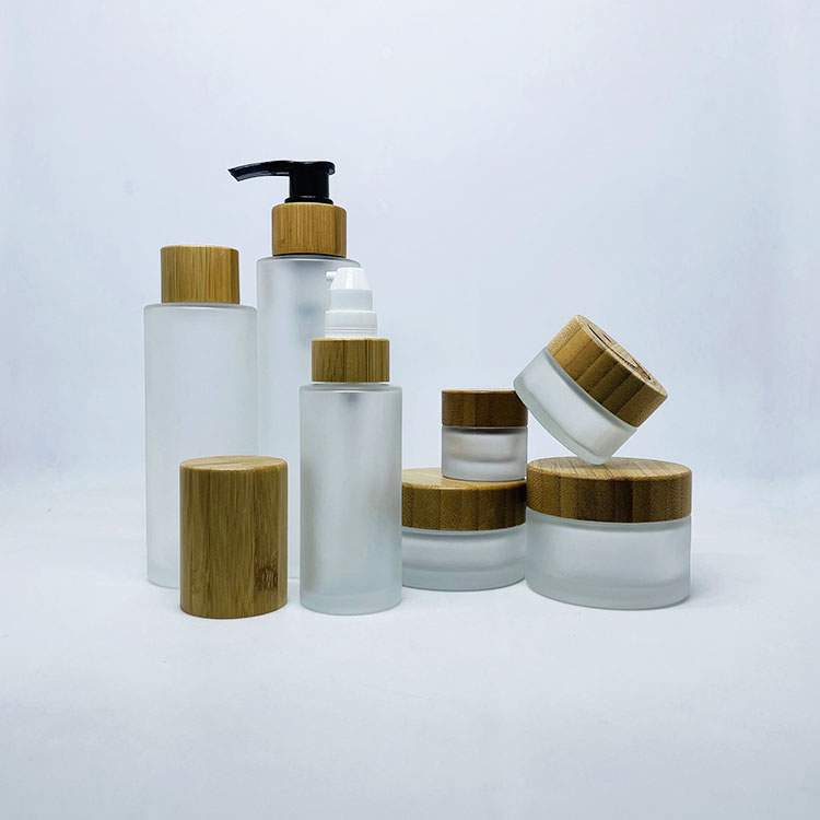 30ml 50ml 60ml 80ml 100ml 120ml Cylinder Shape Glass Clear Frosted Bamboo Lotion Pump Bottle