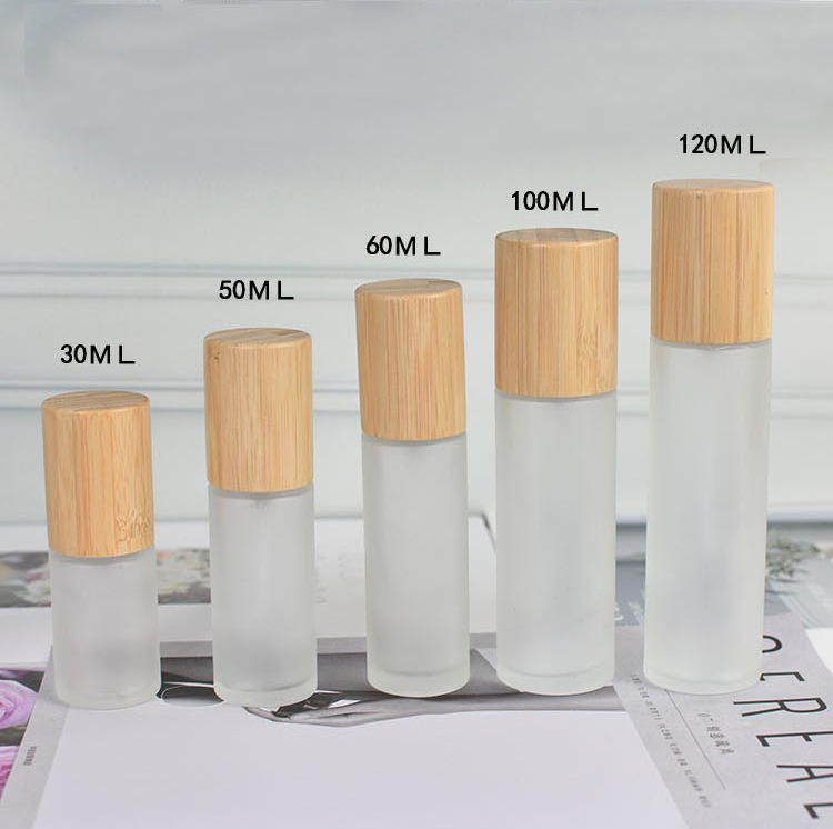 30ml 50ml 60ml 80ml 100ml 120ml Cylinder Shape Glass Frosted Bamboo Lotion Pump Bottle