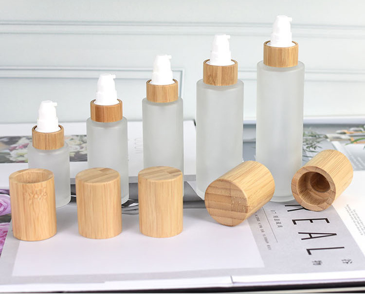 30ml 50ml 60ml 80ml 100ml 120ml Cylinder Shape Glass Frosted Bamboo Lotion Pump Bottle