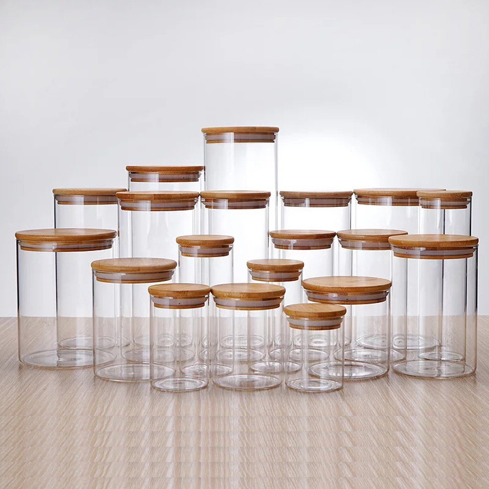 30ml 50ml 80ml 100ml 150ml 200ml 250ml 300ml 400ml 450ml 550ml candy food airtight glass storage jar with bamboo lid GSJ-15S