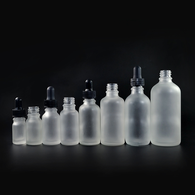 30ml 50ml Frosted Clear Glass Boston Round Dropper Bottle with black screw dropper cap