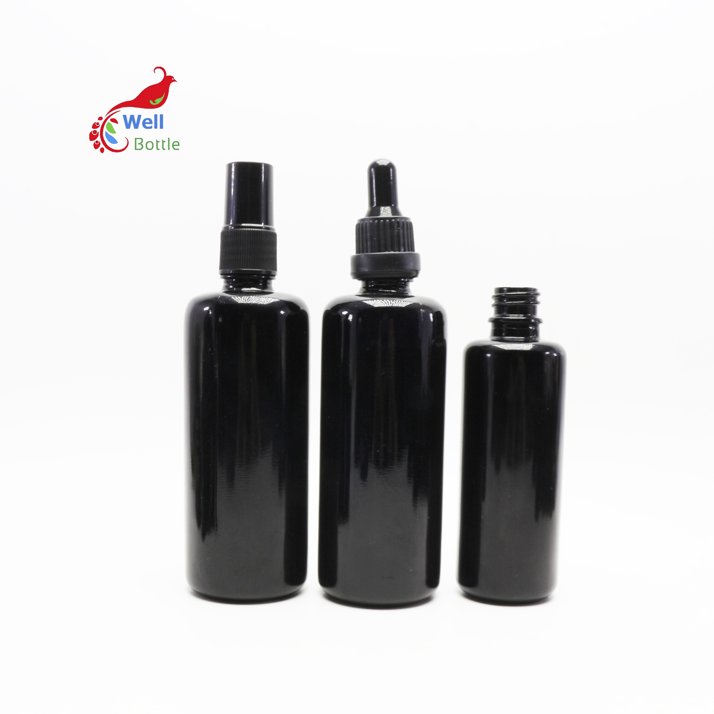 30ml 50ml black dark high quality violet glass serum lotion bottle with dropper pump spray for cosmetic essential oil VB-24B