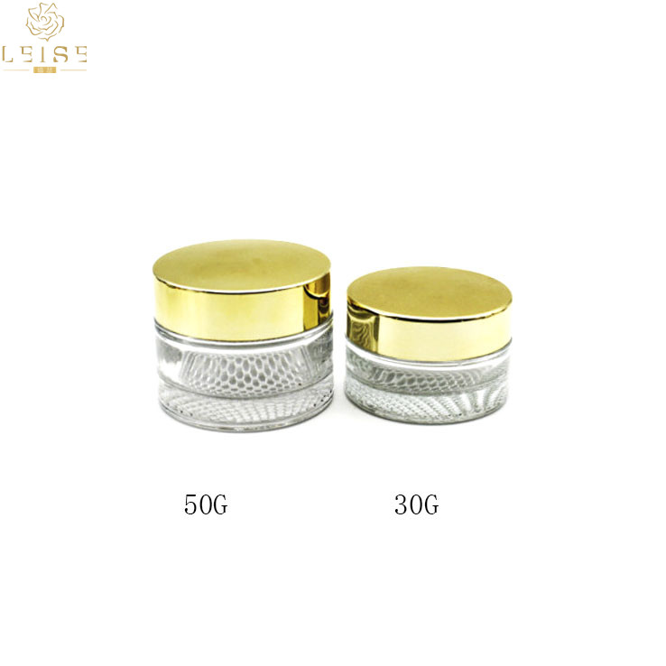 30ml 50ml clear or Custom color cosmetic glass jar with silver/golden lid 30g 50g 1oz 1.7oz cream jars with mesh style base