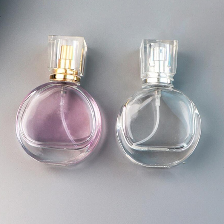 30ml 50ml flat shape frosted glass perfume bottle with silver grey spray pump with custom logo printing