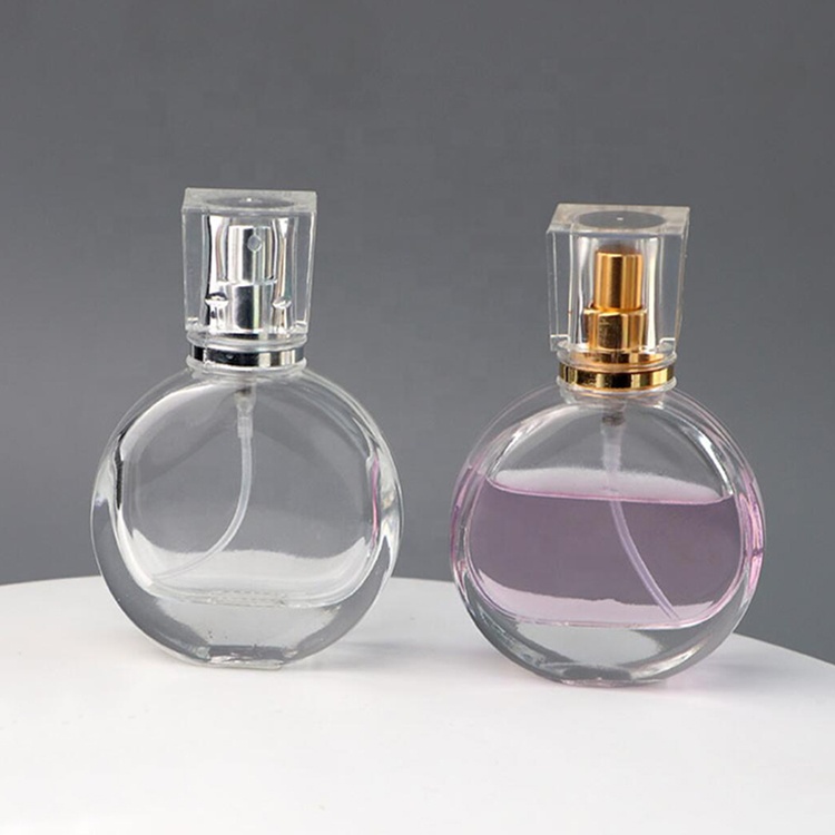 30ml 50ml flat shape frosted glass perfume bottle with silver grey spray pump with custom logo printing