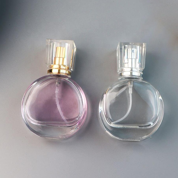 30ml 50ml flat shape frosted glass perfume bottle with silver grey spray pump with custom logo printing