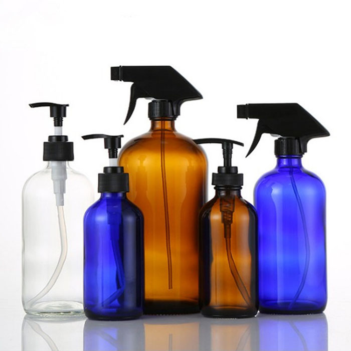 30ml 60ml 120ml 250ml 500ml boston round cosmetic packaging purple glass bottle with pump sprayer