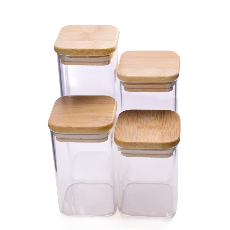 30ml 60ml 120ml  Bamboo Lid square Storage Glass Jar With Wooden Lid Suction Container Jars For Candle Coffee Packaging