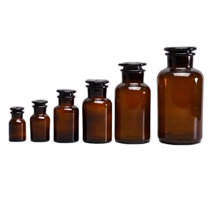 30ml 60ml 125ml 250ml 500ml 1000ml Amber Round Wide Mouth Pharmaceutical Chemical Reagent Glass Bottles with Airtight Stoppers