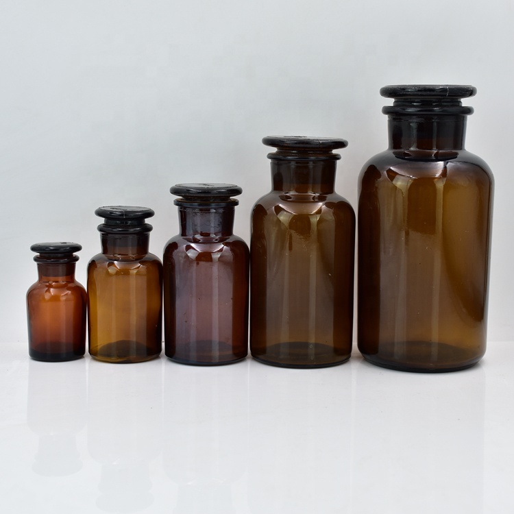 30ml 60ml 125ml 250ml 500ml 1000ml Amber Round Wide Mouth Pharmaceutical Chemical Reagent Glass Bottles with Airtight Stoppers