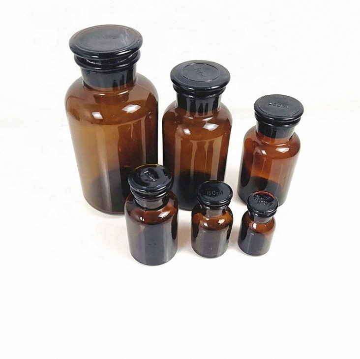 30ml 60ml 125ml 250ml 500ml 1000ml Amber Round Wide Mouth Pharmaceutical Chemical Reagent Glass Bottles with Airtight Stoppers