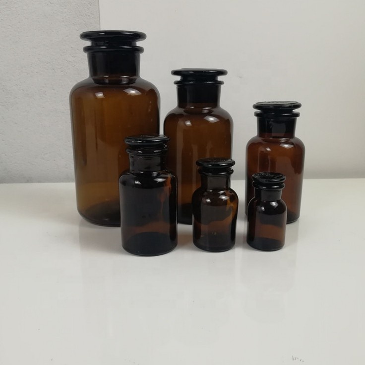 30ml 60ml 125ml 250ml 500ml 1000ml Amber Round Wide Mouth Pharmaceutical Chemical Reagent Glass Bottles with Airtight Stoppers