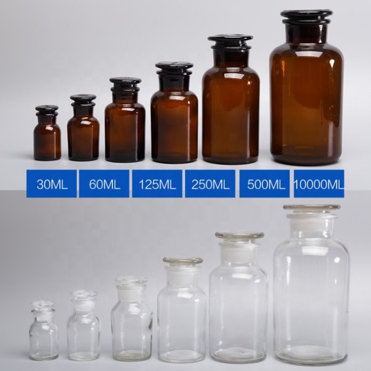 30ml 60ml 125ml 250ml 500ml 1000ml Amber Round Wide Mouth Pharmaceutical Chemical Reagent Glass Bottles with Airtight Stoppers