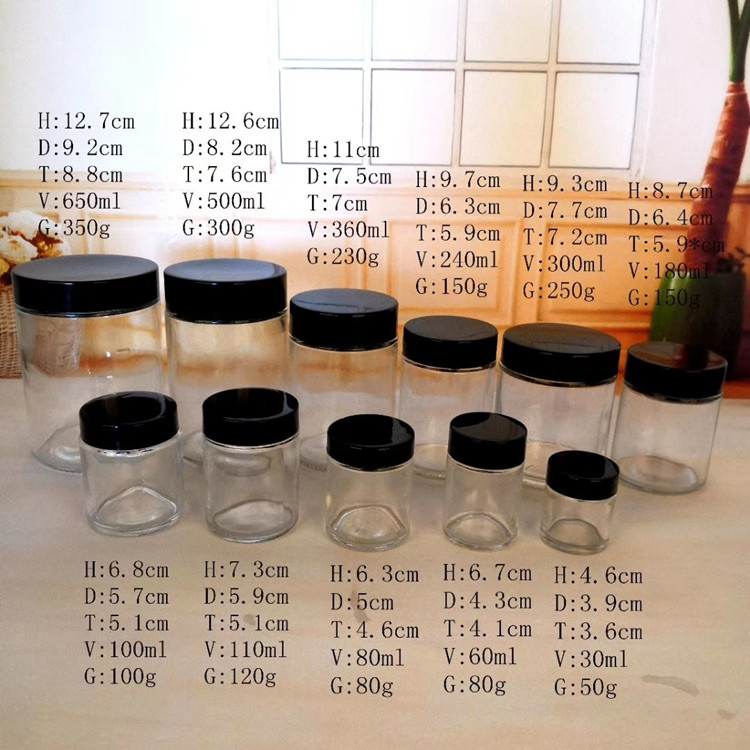 30ml-650ml round clear glass container storage jar with plastic lid