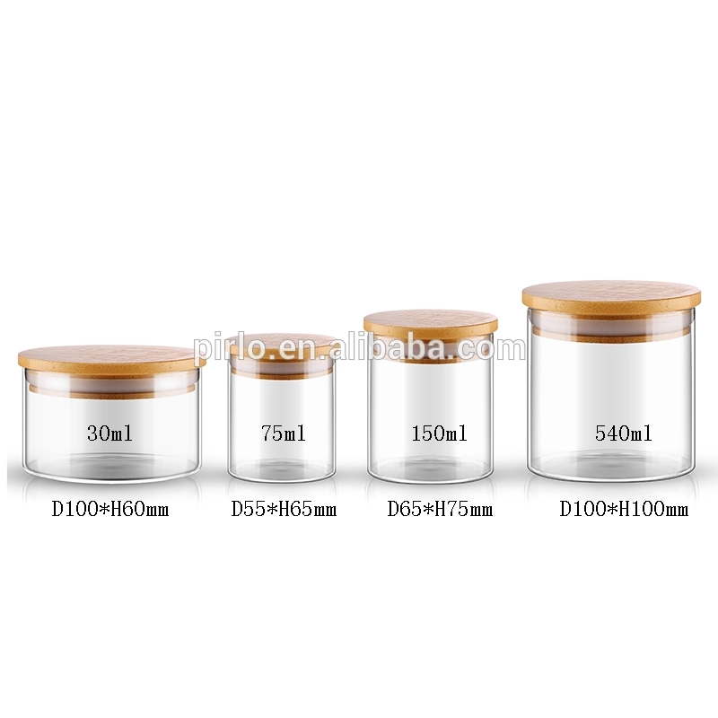 30ml 75ml 150ml 540ml food storage borosilicate vacuum glass jar with rubber seal bamboo wooden lid bottle for spice