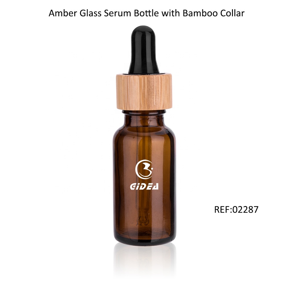 30ml Amber Glass Serum Bottle with Bamboo Collar High Quality Bamboo Cosmetic Dropper with Amber Glass