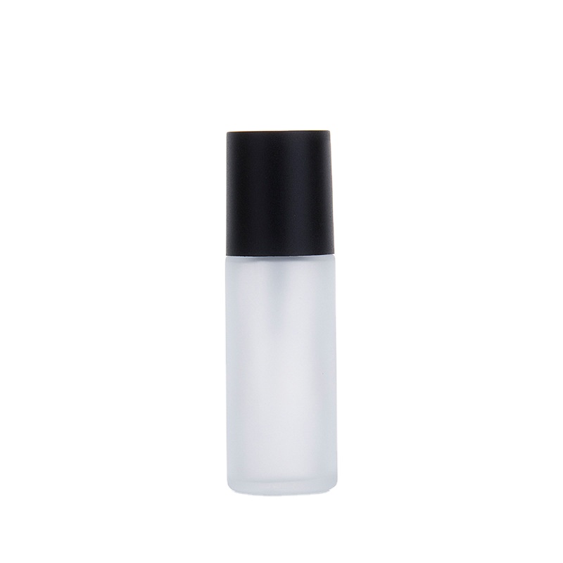 30ml Clear Frosted Liquid Foundation Package Glass Pump Bottle with Matte Black Plastic Cap