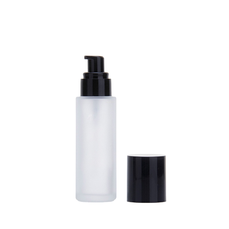 30ml Clear Frosted Liquid Foundation Package Glass Pump Bottle with Matte Black Plastic Cap