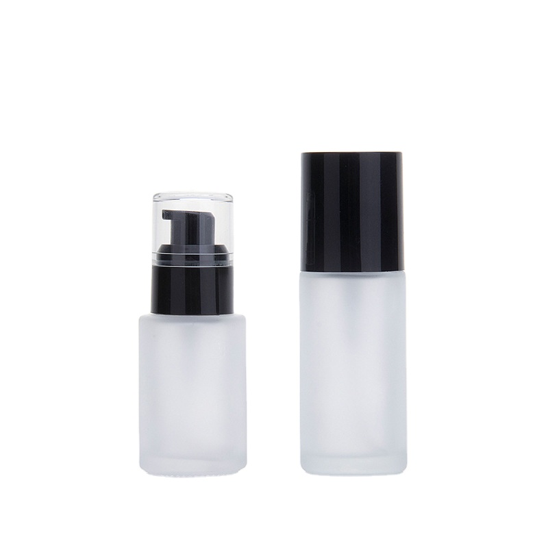 30ml Clear Frosted Liquid Foundation Package Glass Pump Bottle with Matte Black Plastic Cap