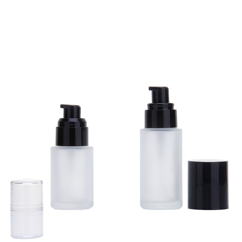 30ml Clear Frosted Liquid Foundation Package Glass Pump Bottle with Matte Black Plastic Cap