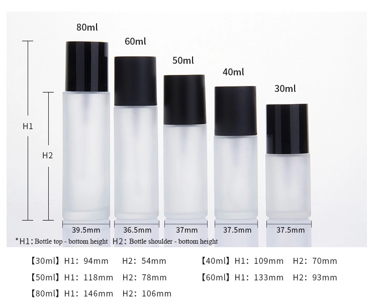 30ml Clear Frosted Liquid Foundation Package Glass Pump Bottle with Matte Black Plastic Cap