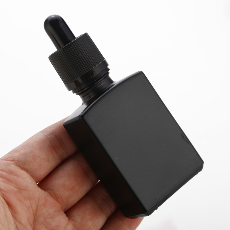 30ml Matte Black Square Essential Oil Dropper Bottles with Aluminum Dropper Cap Transparent Glass Dropper Vials