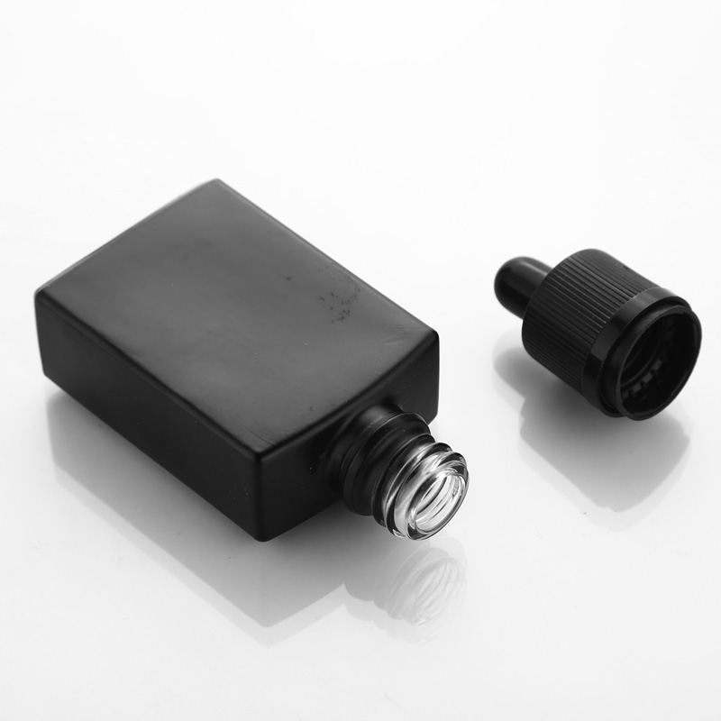 30ml Matte Black Square Essential Oil Dropper Bottles with Aluminum Dropper Cap Transparent Glass Dropper Vials