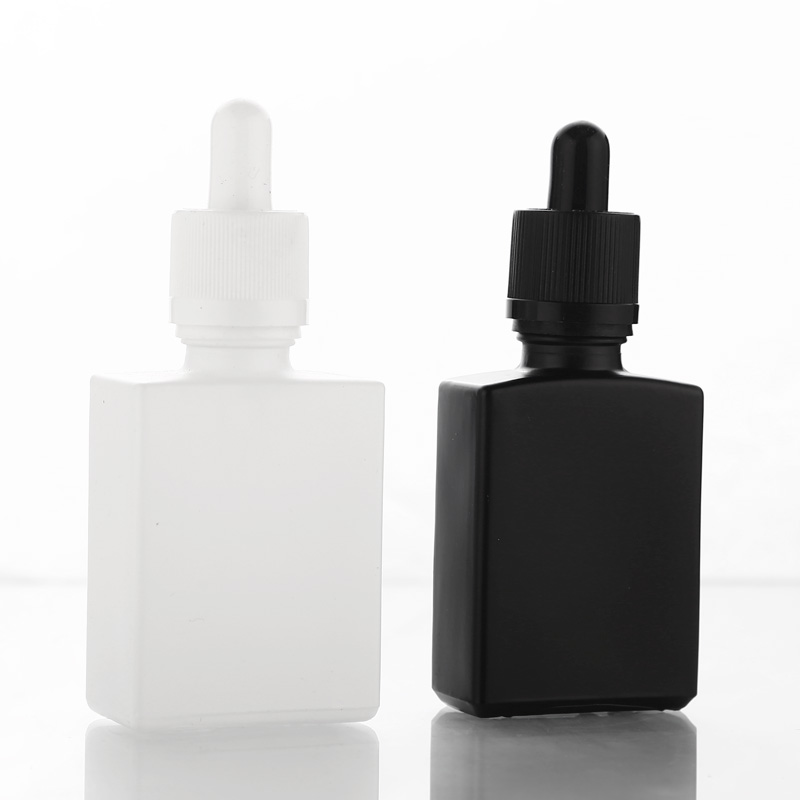 30ml Matte Black Square Essential Oil Dropper Bottles with Aluminum Dropper Cap Transparent Glass Dropper Vials