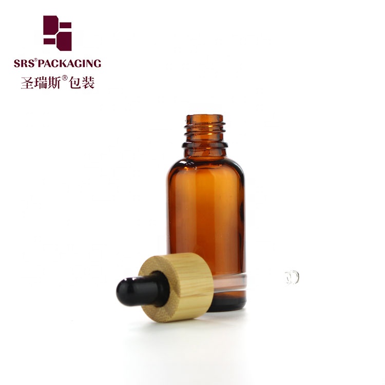 30ml Serum Amber Glass wholesales Dropper Bottles With bamboo Wooden Lid