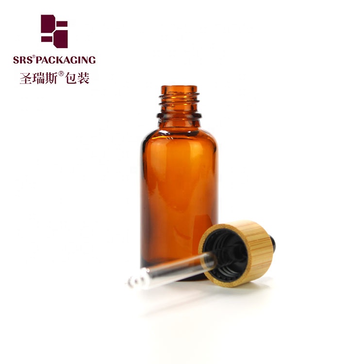 30ml Serum Amber Glass wholesales Dropper Bottles With bamboo Wooden Lid