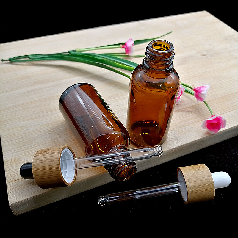 30ml amber essential oil glass bottle with eco-friendly bamboo and wood cap dropper cosmetic container