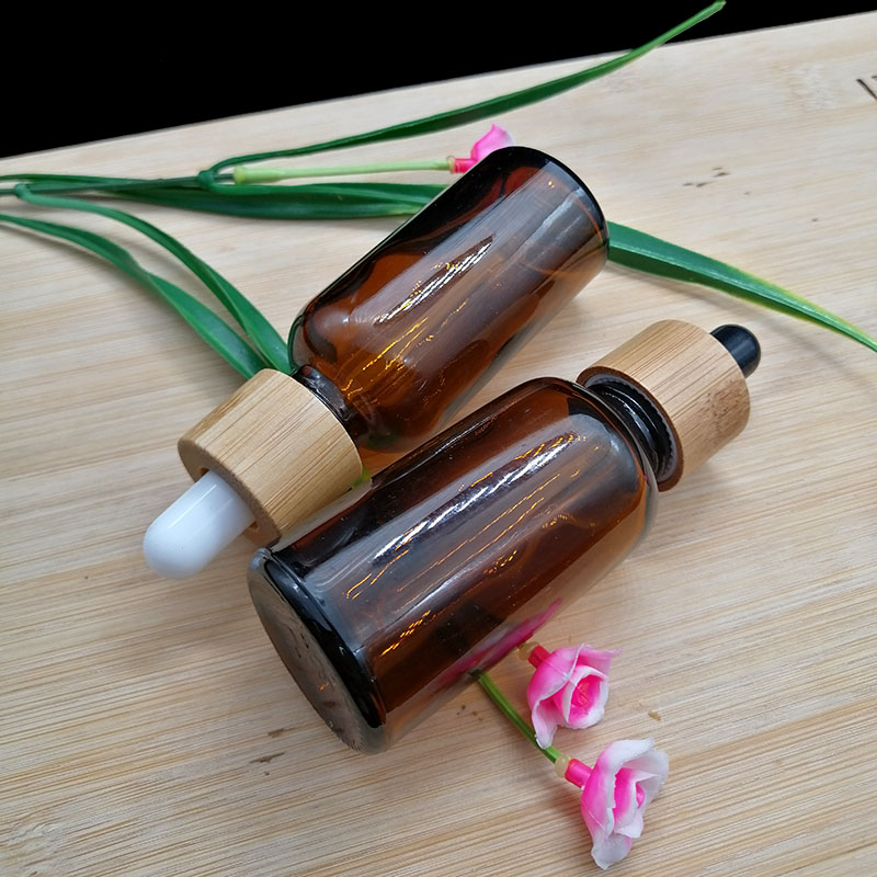 30ml amber essential oil glass bottle with eco-friendly bamboo and wood cap dropper cosmetic container
