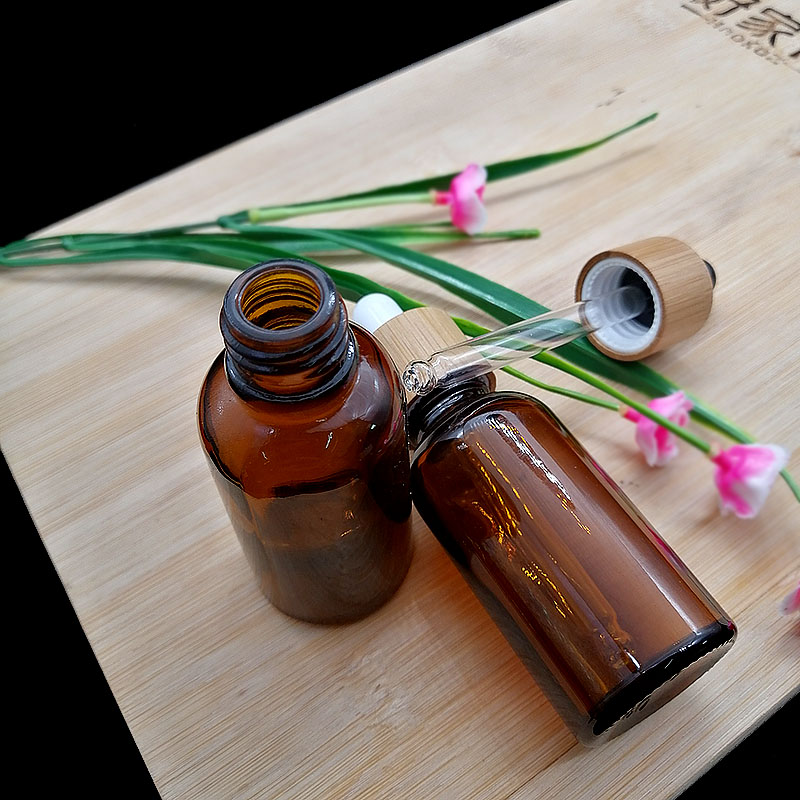 30ml amber essential oil glass bottle with eco-friendly bamboo and wood cap dropper cosmetic container