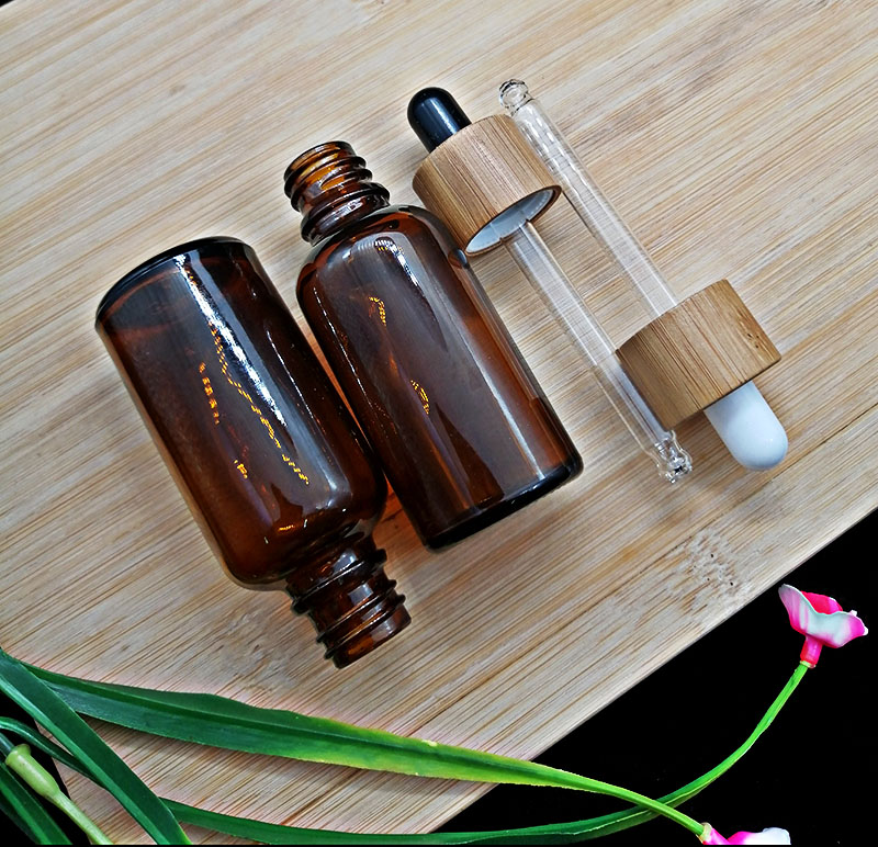 30ml amber essential oil glass bottle with eco-friendly bamboo and wood cap dropper cosmetic container