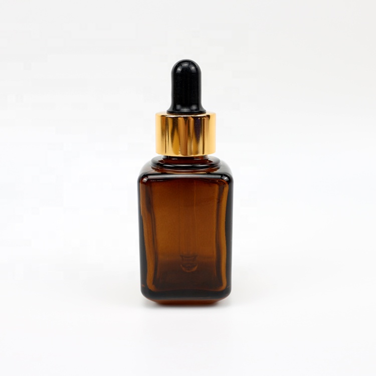 30ml amber glass dropper square bottle with black rubber gold cap