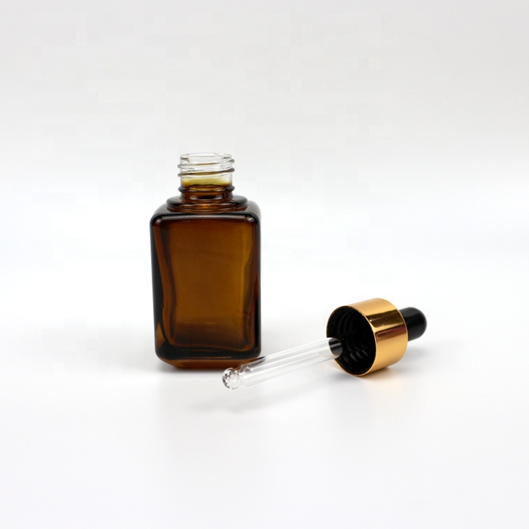 30ml amber glass dropper square bottle with black rubber gold cap