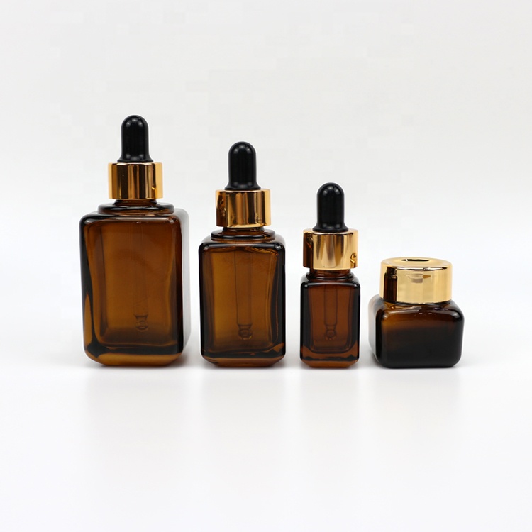 30ml amber glass dropper square bottle with black rubber gold cap
