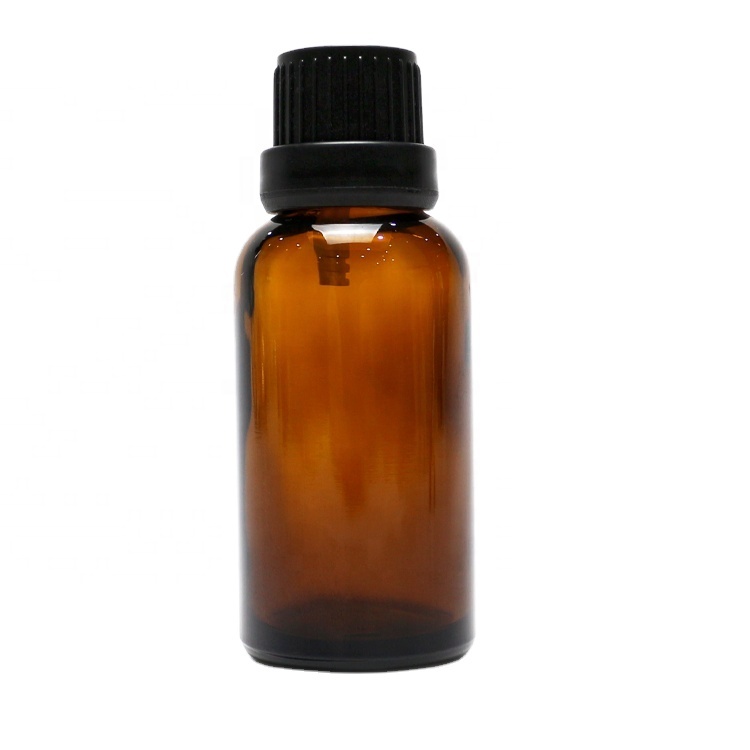 30ml amber glass essence oil bottle with black plastic dropper screw cap