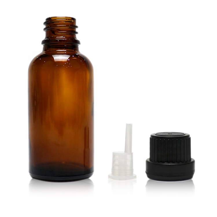 30ml amber glass essence oil bottle with black plastic dropper screw cap