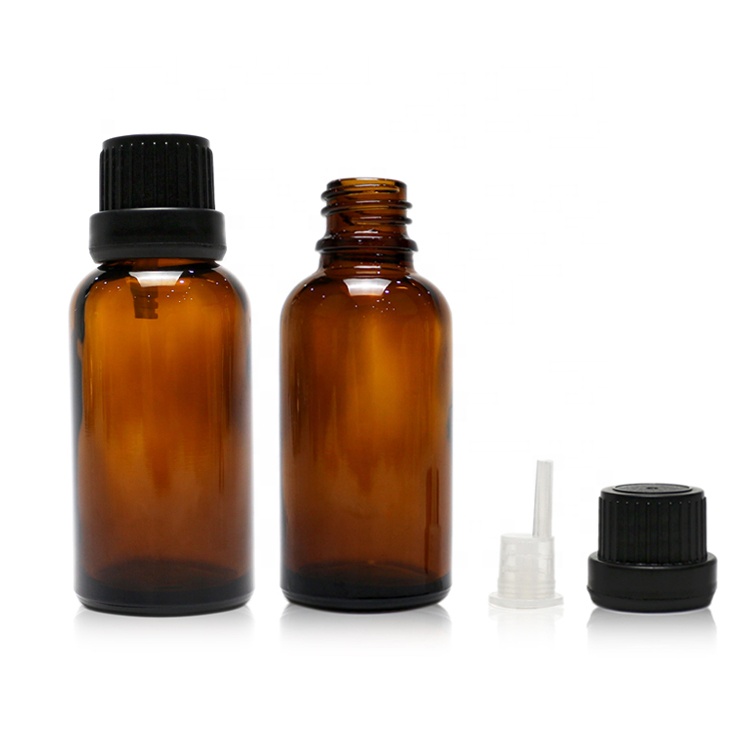 30ml amber glass essence oil bottle with black plastic dropper screw cap