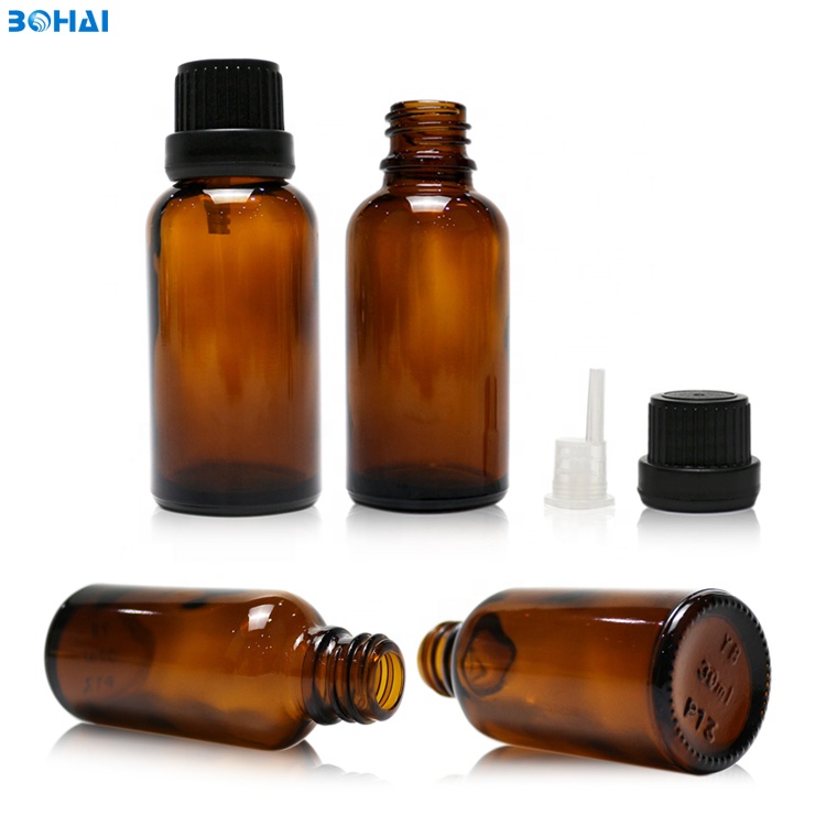 30ml amber glass essence oil bottle with black plastic dropper screw cap